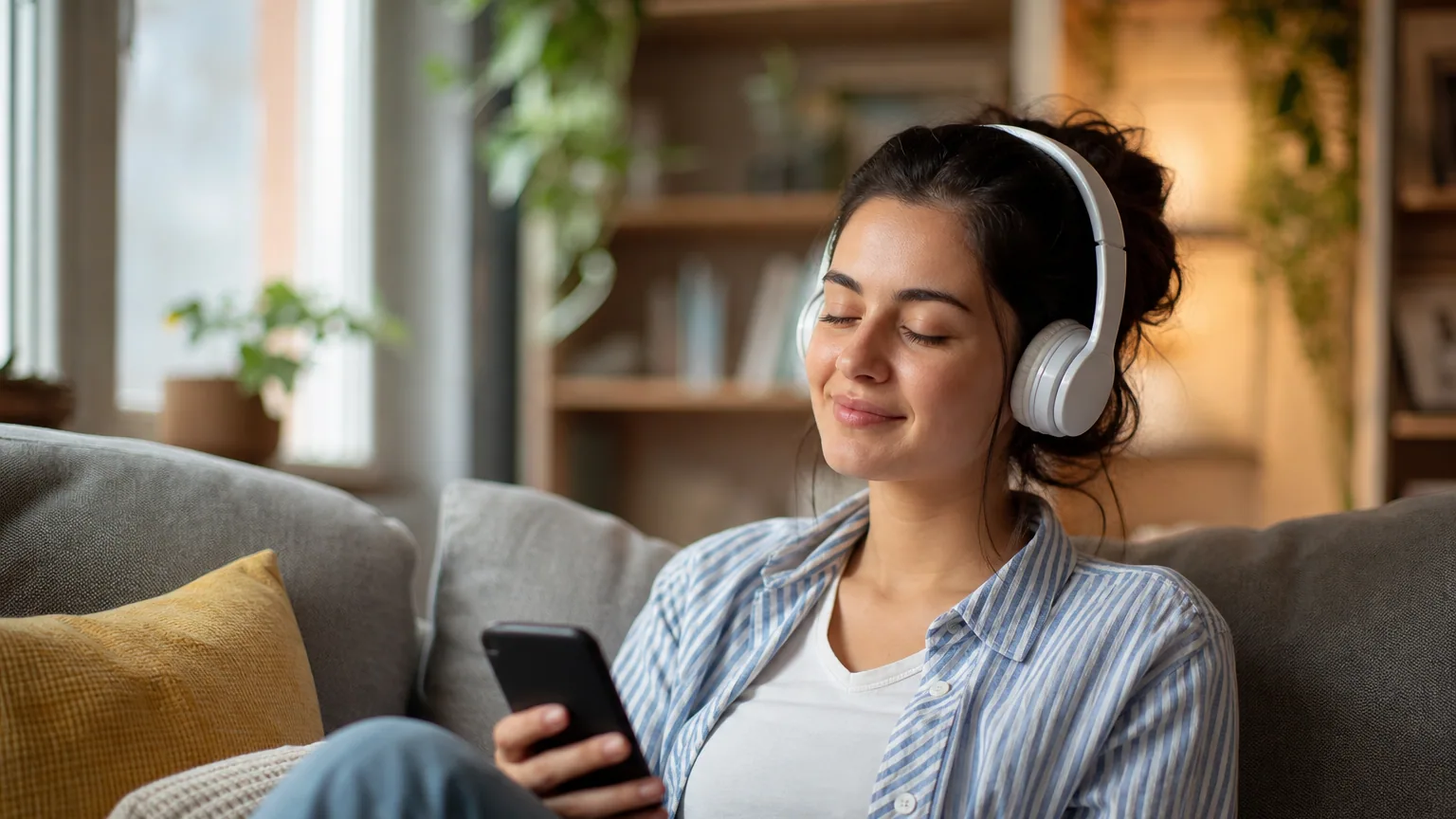 Une jeune femme écoute de la musique au casque sur son smartphone dans son salon