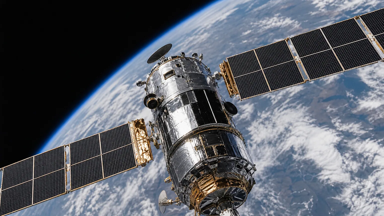 Satellite artificiel aux panneaux solaires déployés en orbite au-dessus de la Terre