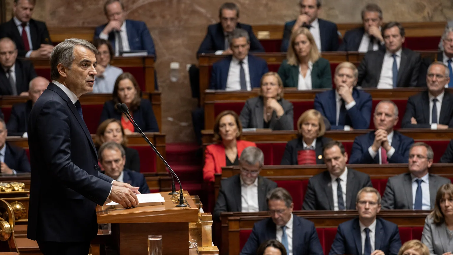 Un chef de gouvernement prononce un discours à la tribune de l'Assemblée nationale devant les députés.