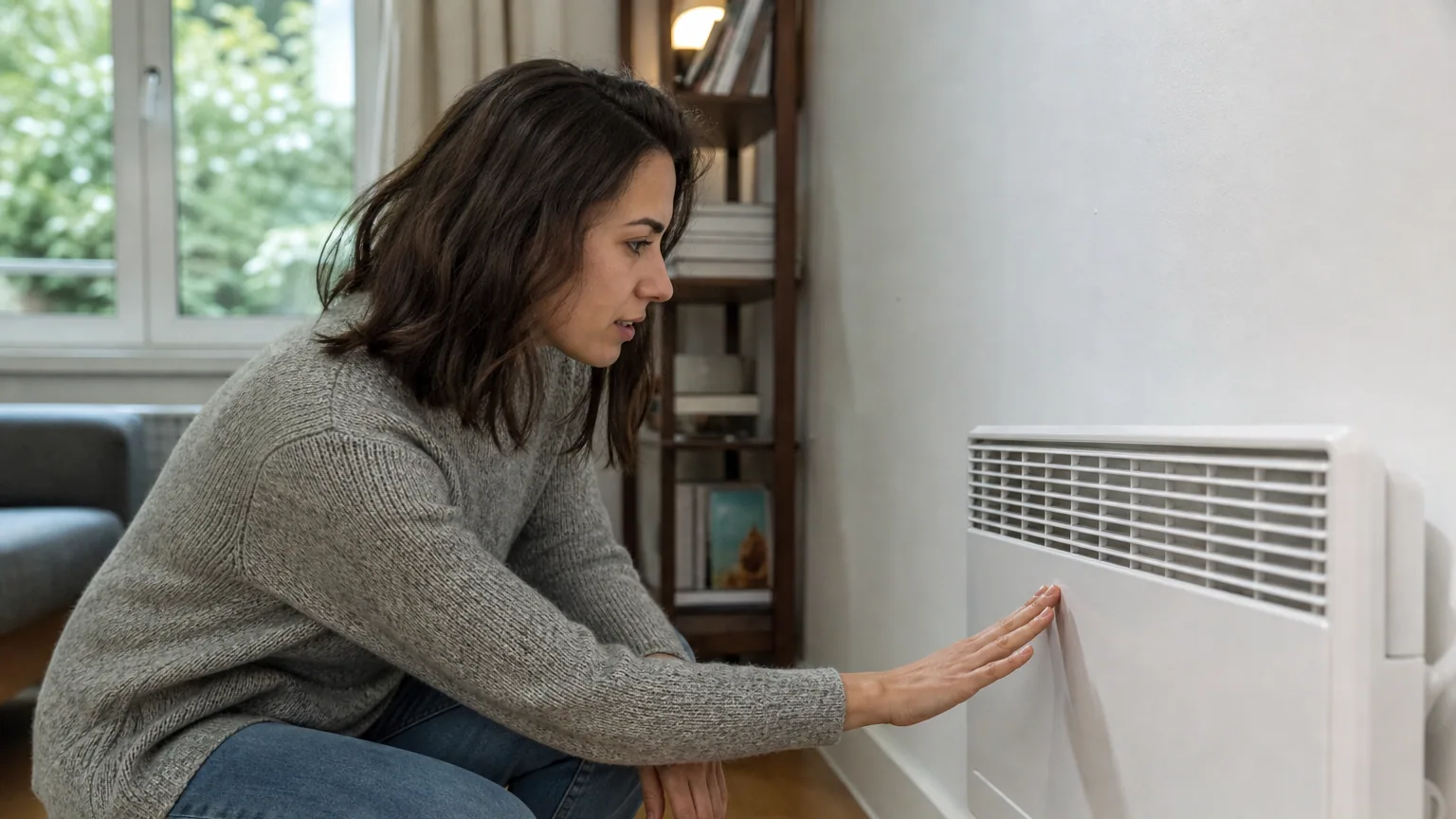Une personne accroupie devant un radiateur électrique mural, main posée dessus pour vérifier s'il chauffe