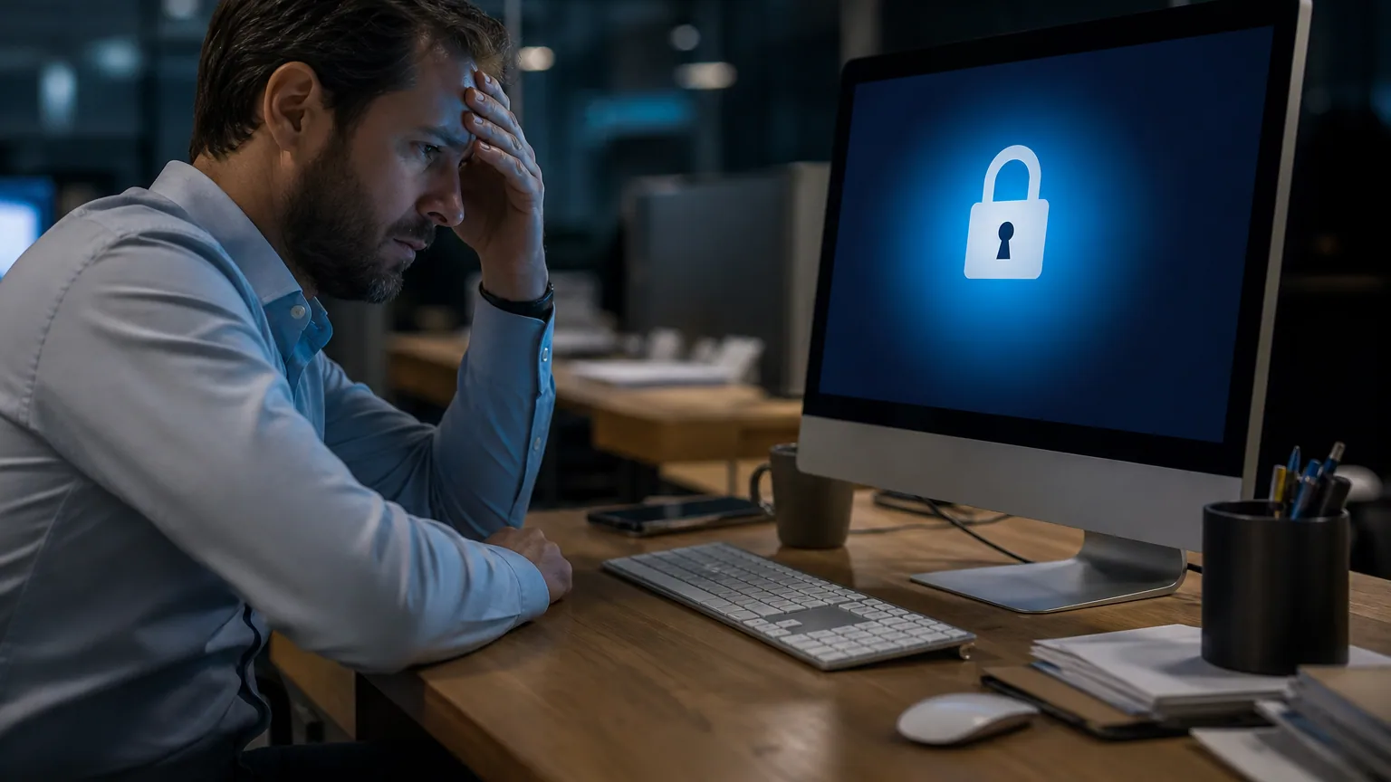 Un employé inquiet devant son ordinateur bloqué après une attaque par rançongiciel