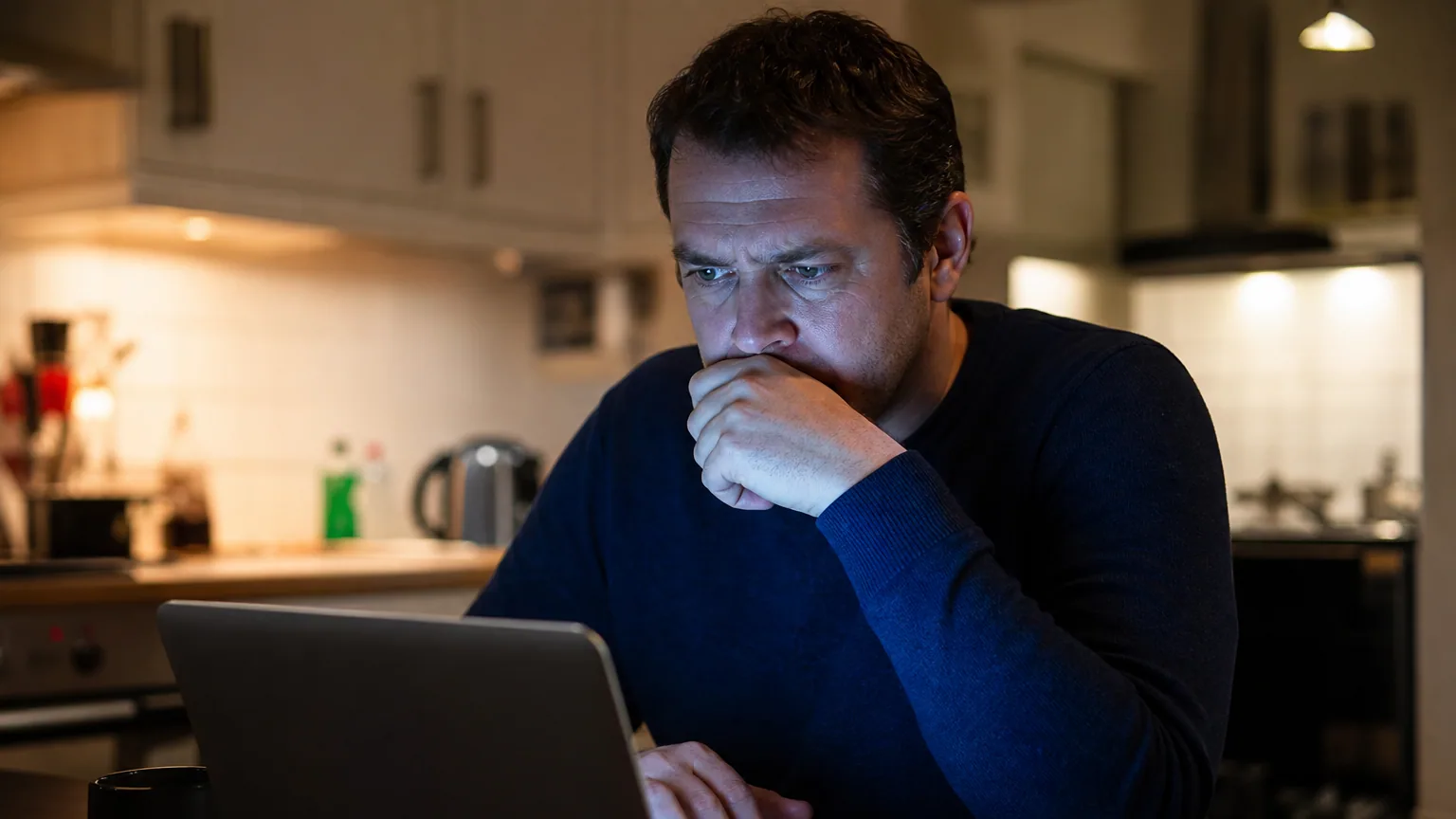 Une personne inquiète examine un email suspect sur son ordinateur portable le soir