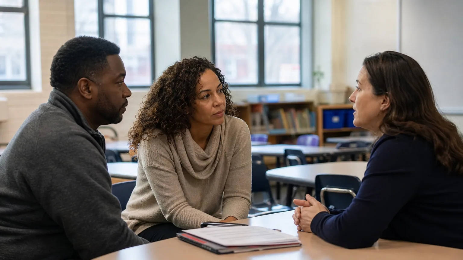 Des parents discutent avec un enseignant lors d'un entretien à l'école