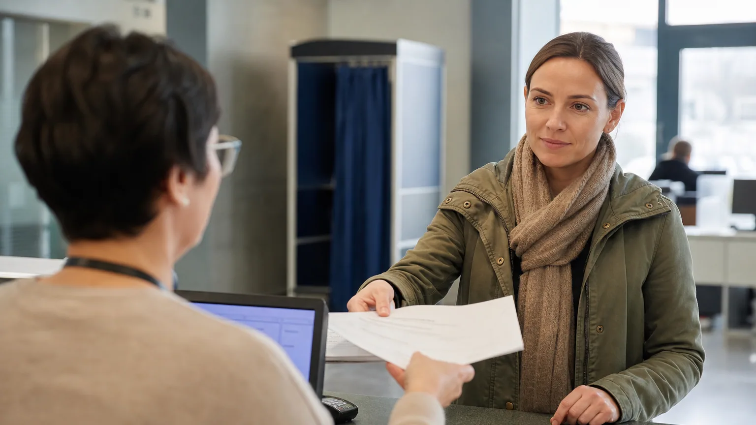 Une usagère remet ses documents à un agent municipal au guichet d'une mairie pour refaire sa carte d'identité