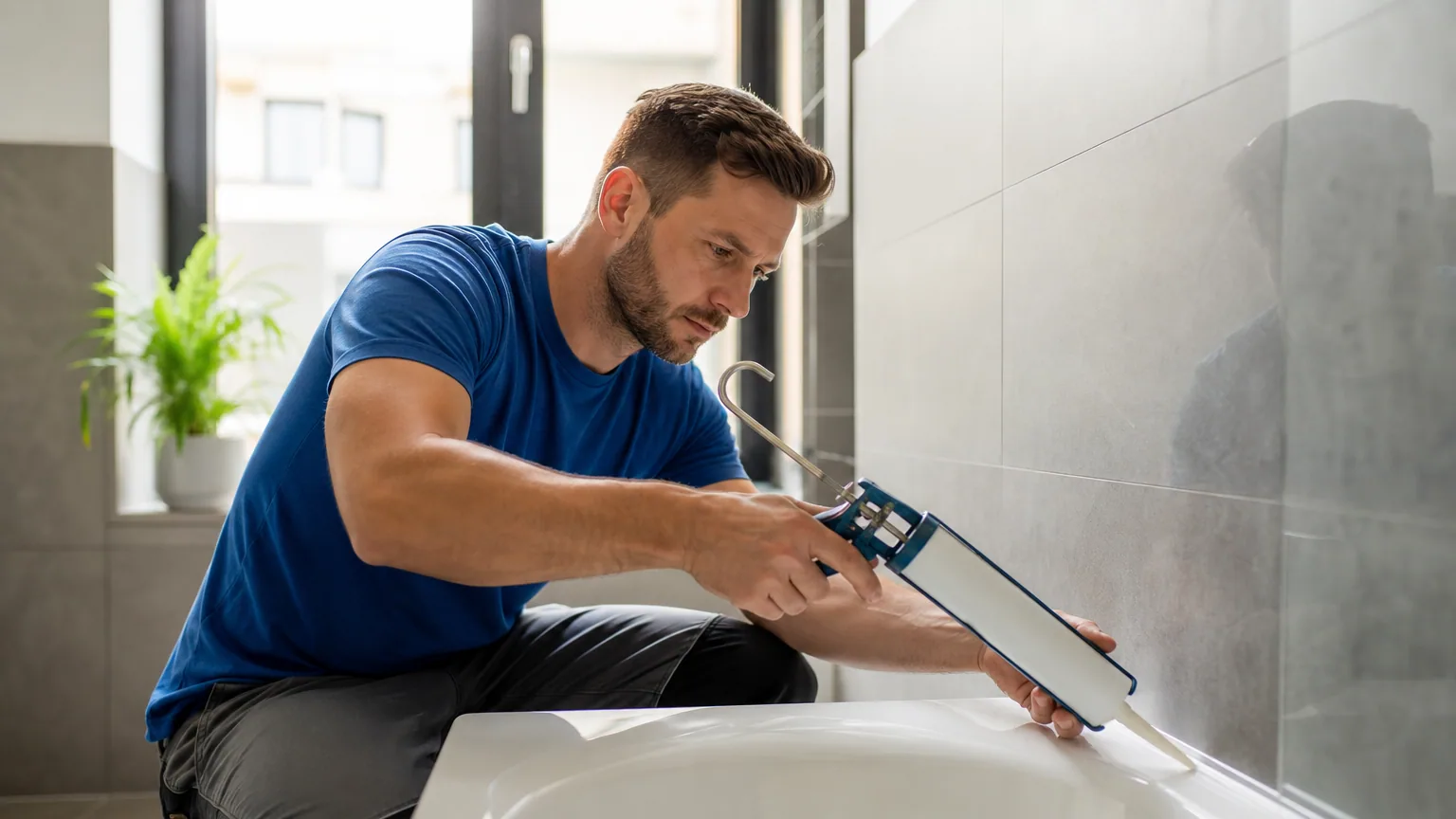 Un homme applique un joint de silicone au pistolet le long d'une baignoire