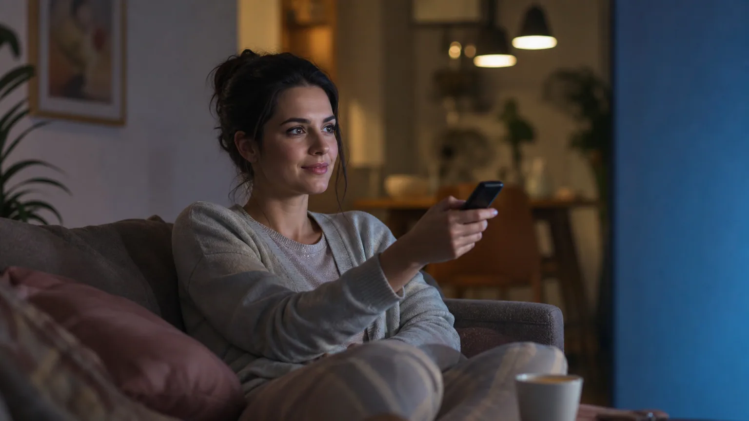 Une personne installée sur un canapé regarde un film à la télévision le soir, télécommande en main