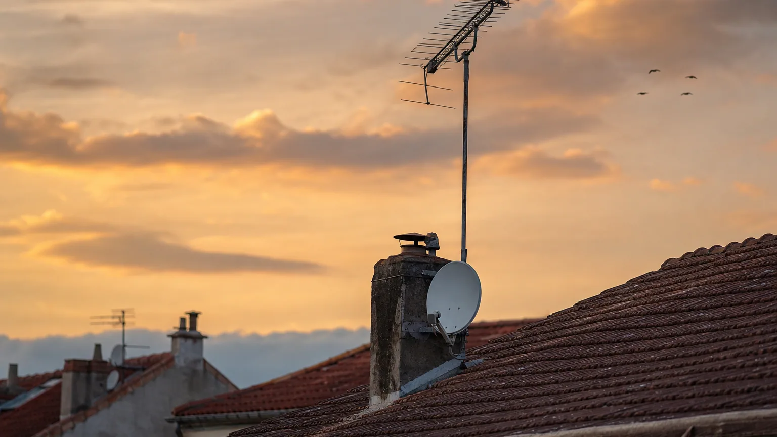 Antenne râteau sur le toit d'une maison au coucher du soleil