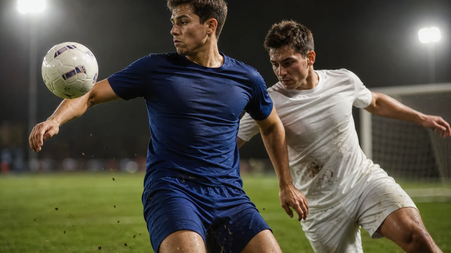 Défenseur de football tentant de contrer un centre, bras écarté, devant un attaquant dans la surface