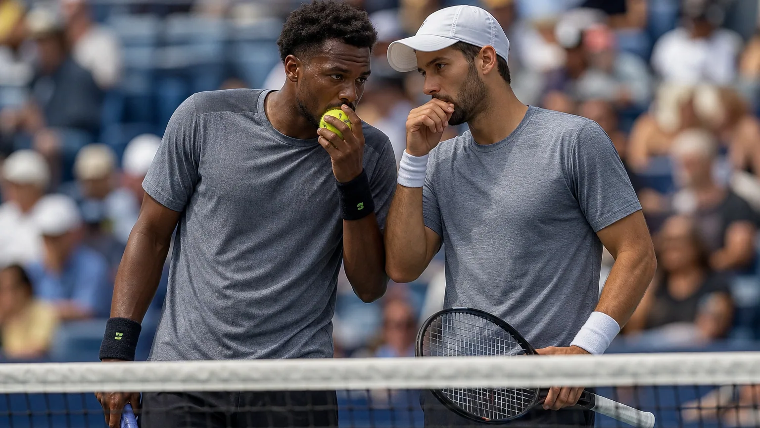 Deux joueurs de tennis en double se concertent au filet pendant un match