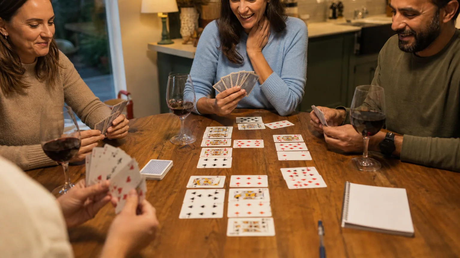 Partie de cartes entre amis sur une table en bois, des suites et des brelans posés au centre