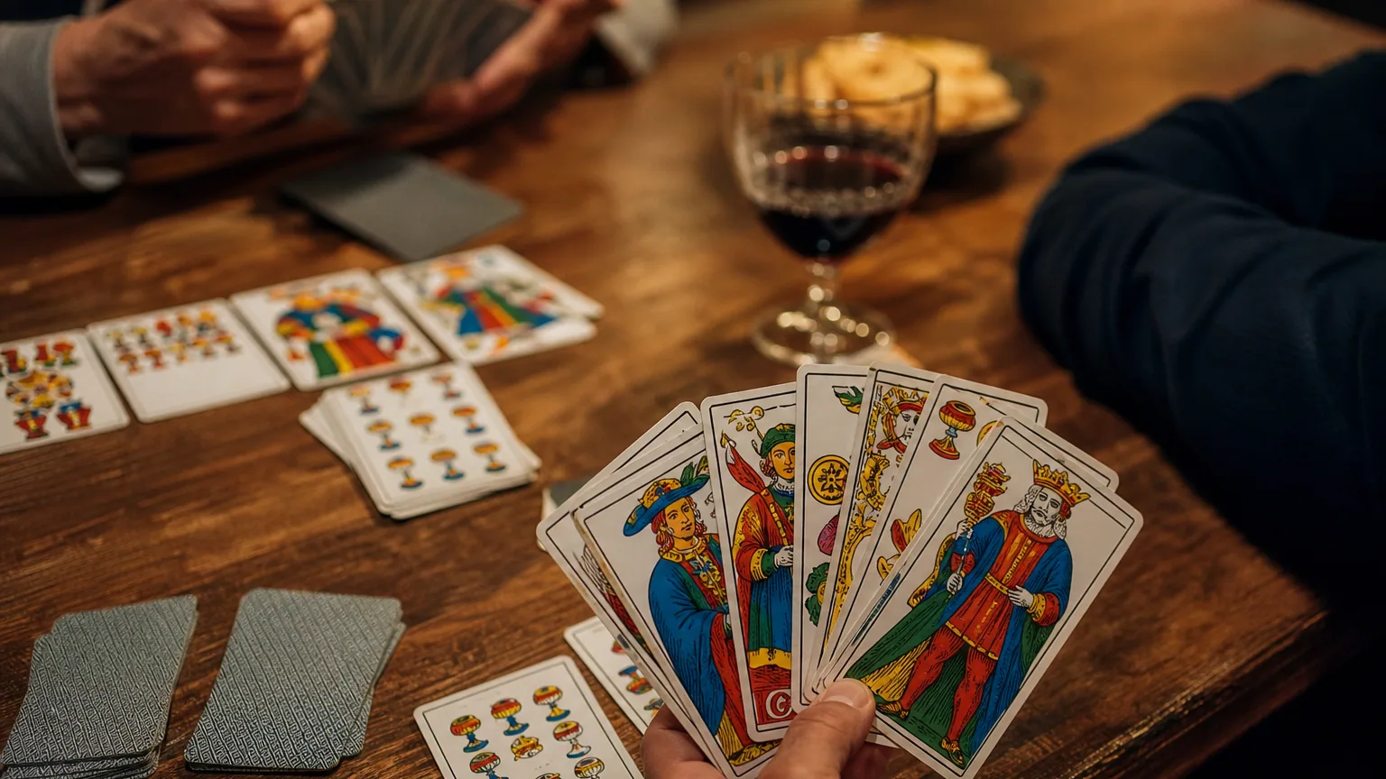 Des cartes de Tarot français étalées sur une table en bois lors d'une soirée jeux entre amis