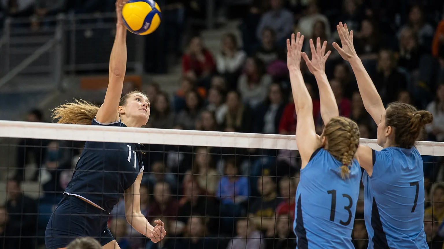 Une joueuse de volley-ball s'élève au filet pour smasher pendant un match en salle