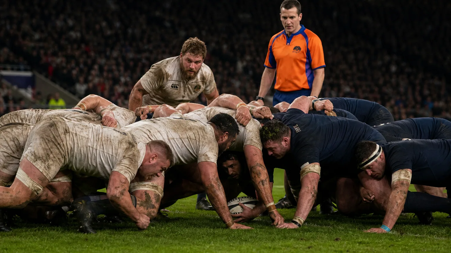 Joueurs de rugby à XV formant une mêlée sur un terrain sous les projecteurs d'un stade