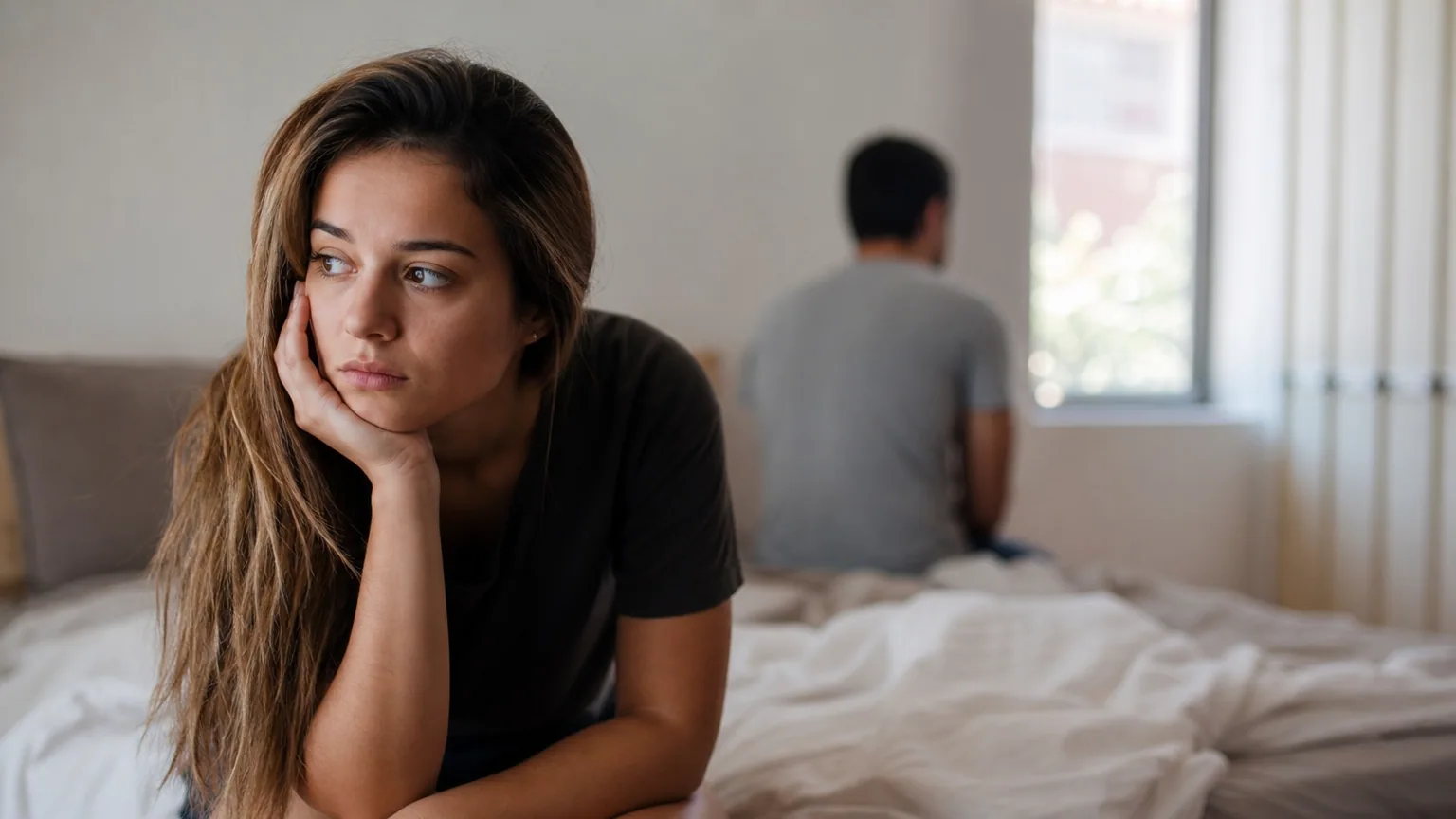 Une femme pensive assise au bord d'un lit, une silhouette floue en arrière-plan