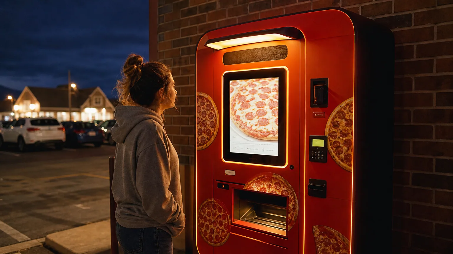 Distributeur automatique de pizzas éclairé la nuit sur un parking de village