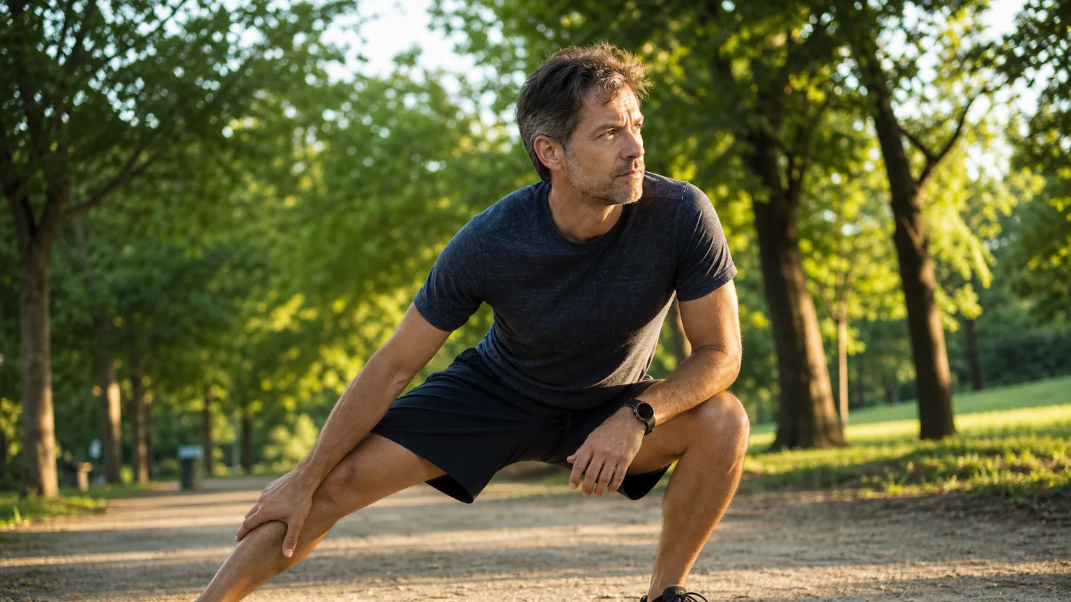Un homme d'une quarantaine d'années s'étire dans un parc au lever du soleil avant de commencer sa séance de running