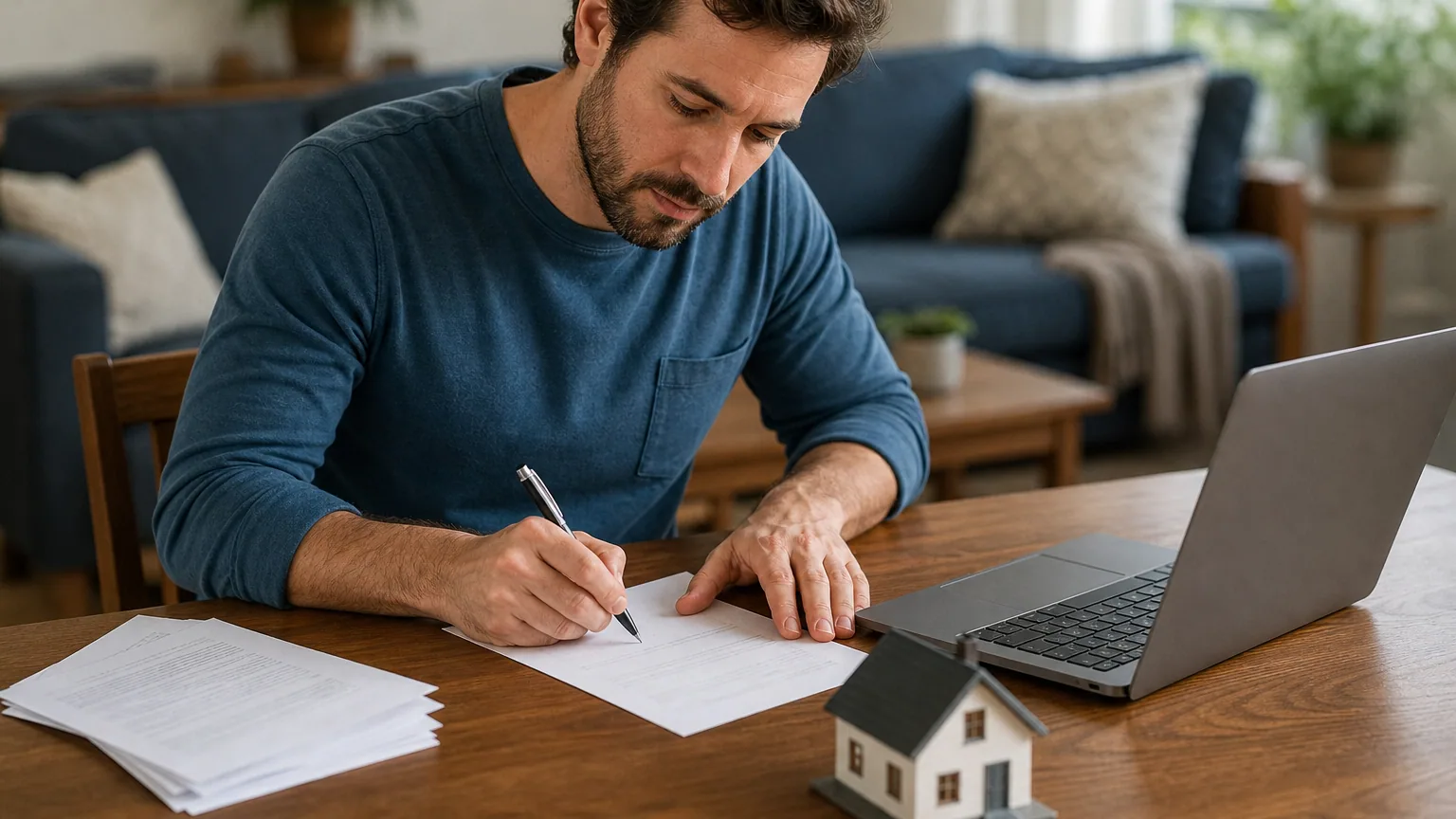 Une personne signe une lettre de résiliation d'assurance habitation à sa table de salon, entourée de documents contractuels
