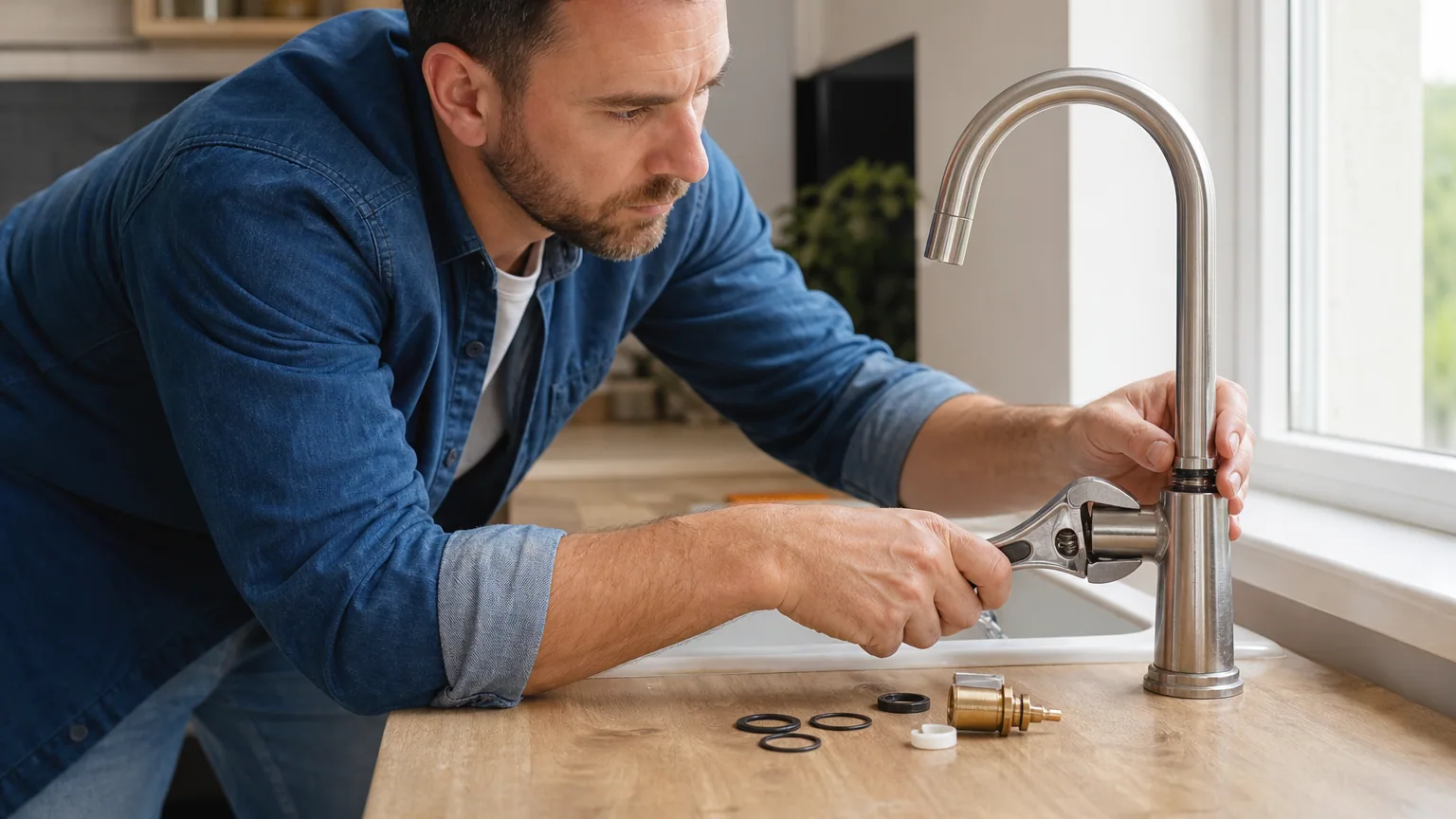 Personne réparant un robinet de cuisine avec une clé, pièces détachées posées sur le plan de travail