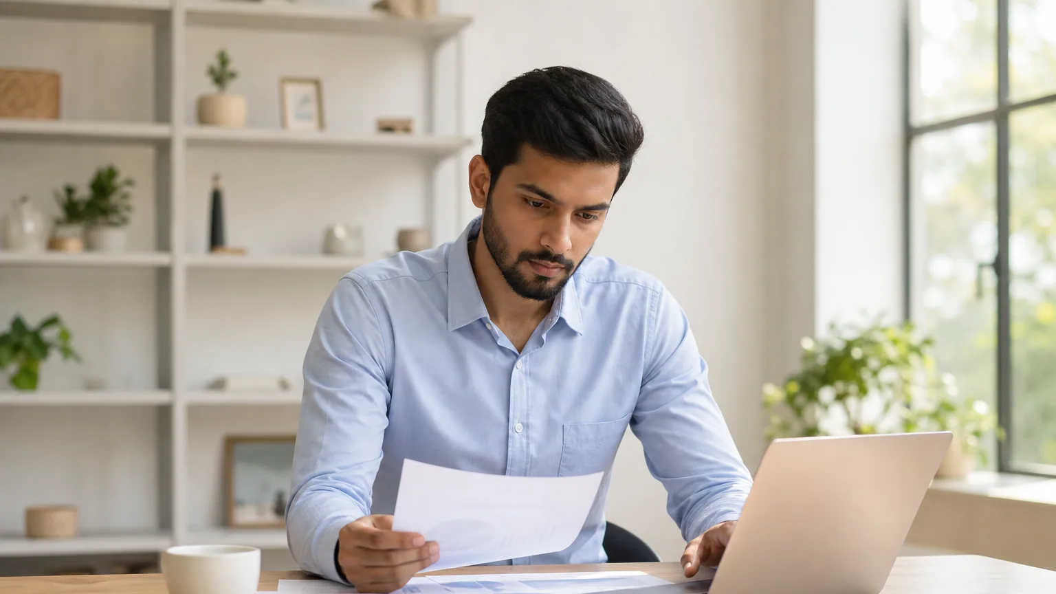 Une entrepreneure seule examine des documents administratifs devant son ordinateur portable dans un bureau lumineux