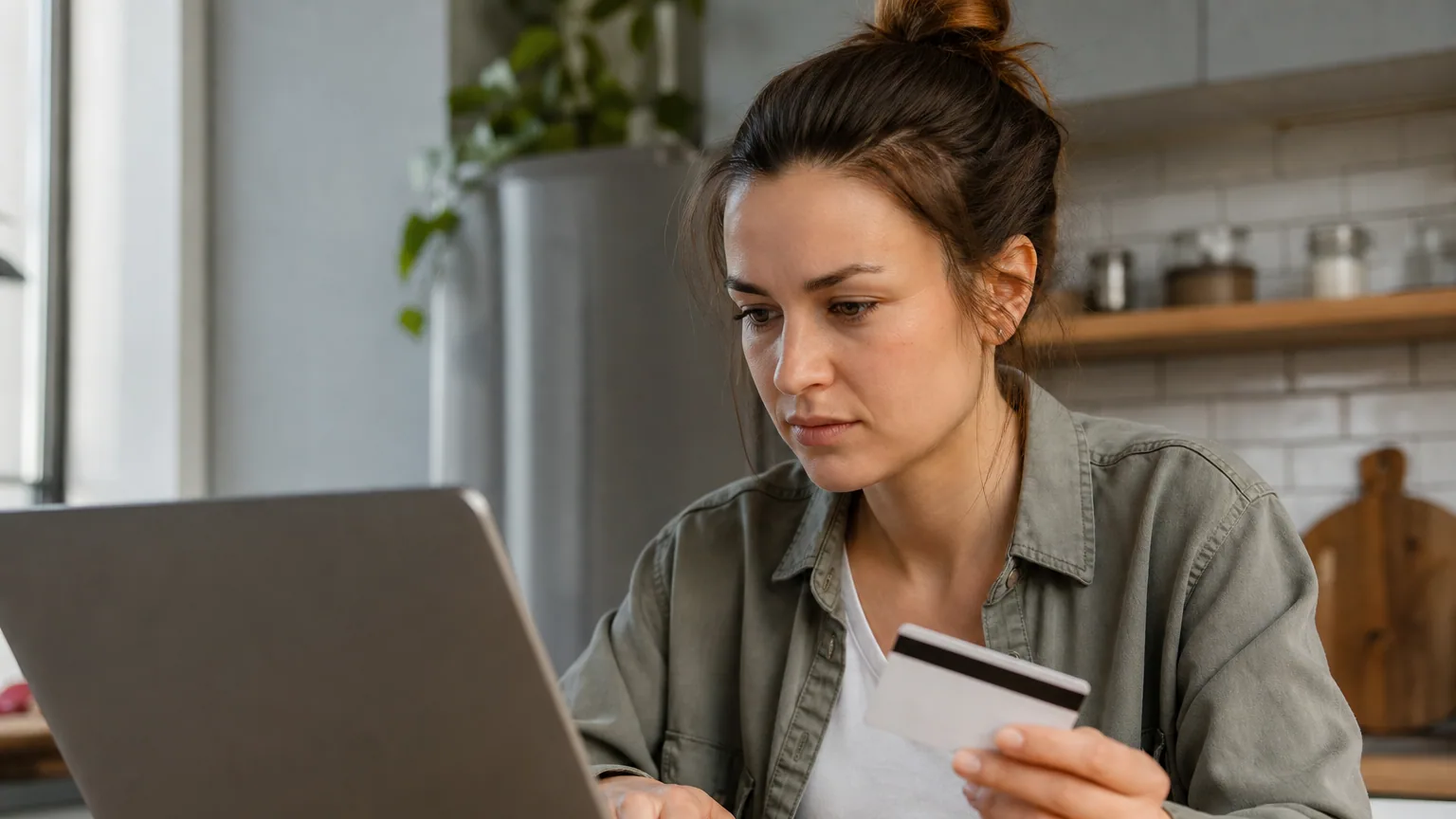 Une personne tenant sa carte bancaire devant un ordinateur portable pour effectuer un achat en ligne