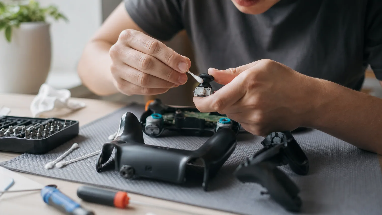 Une personne démonte une manette de jeu pour nettoyer un stick analogique