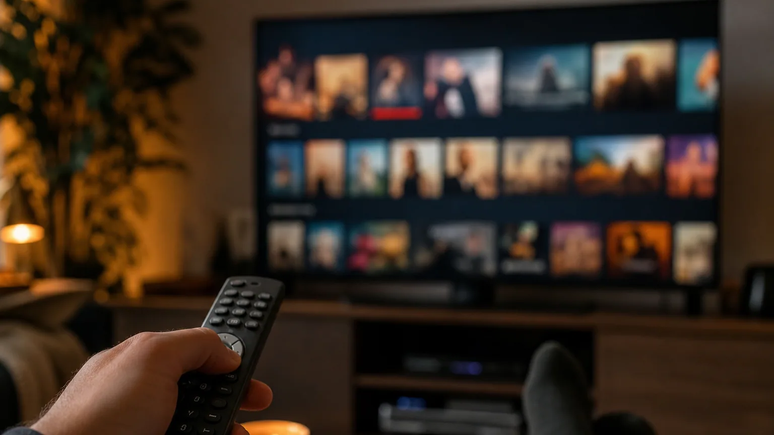 Une télécommande pointée vers un téléviseur affichant plusieurs applications de streaming