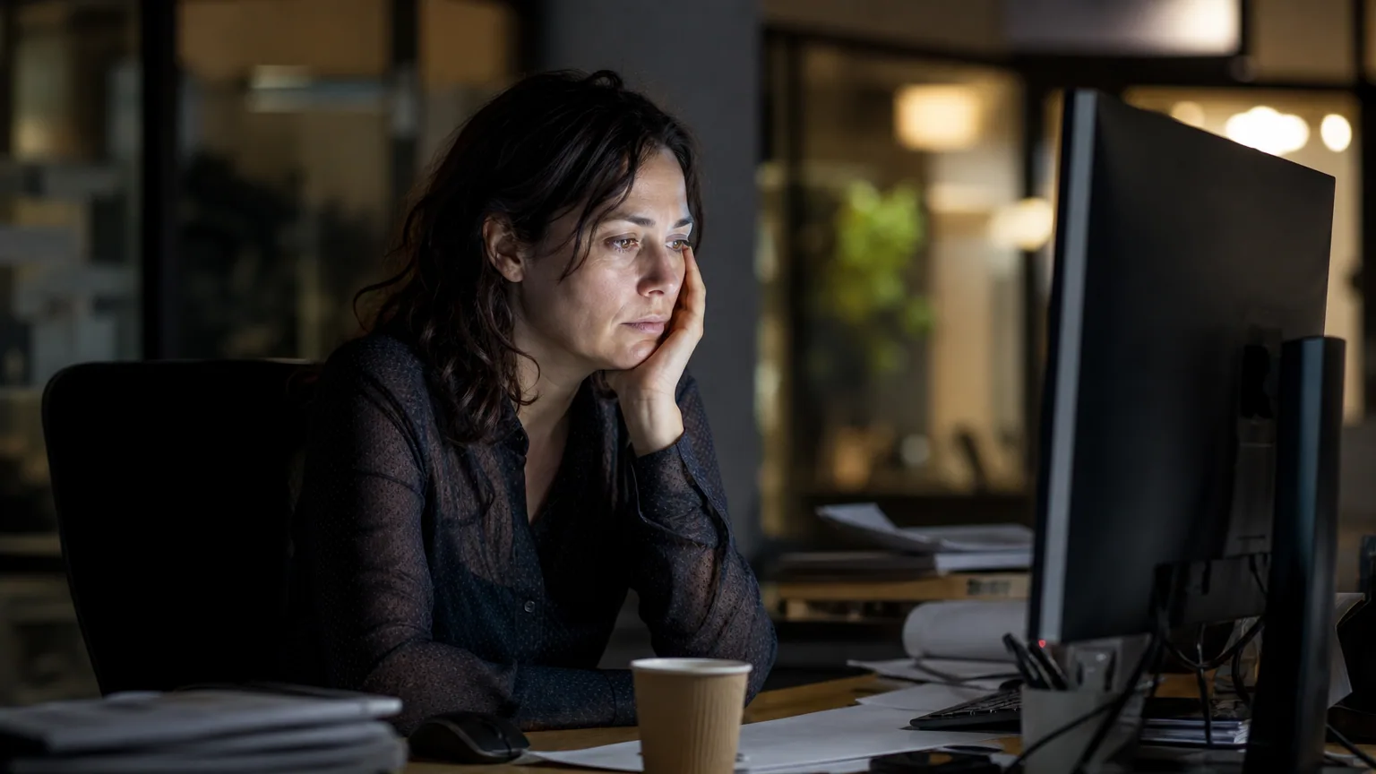 Une femme épuisée assise à son bureau le soir, la tête appuyée sur sa main devant un écran