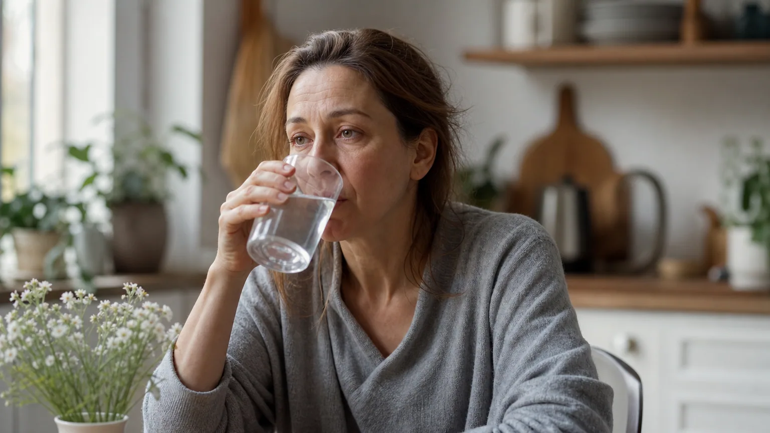 Une femme fatiguée boit un grand verre d'eau dans sa cuisine, illustrant la soif intense du diabète