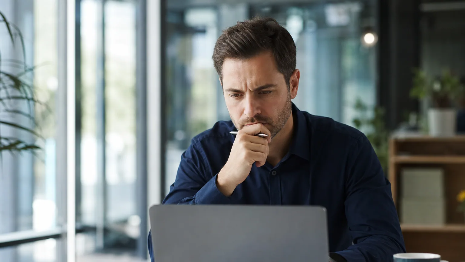 Une jeune professionnelle pensive devant son ordinateur portable dans un bureau lumineux