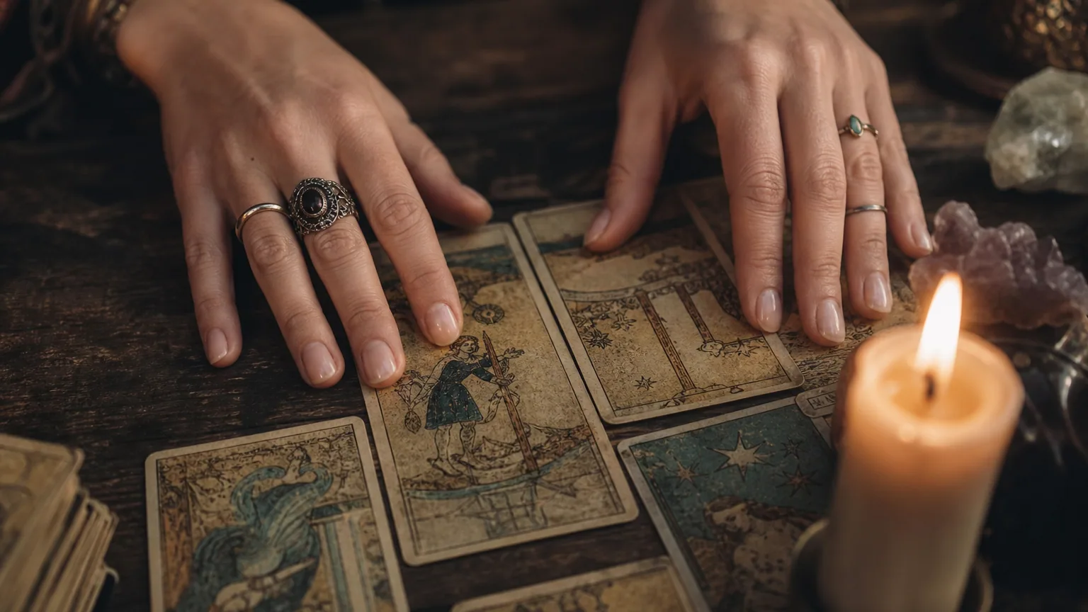 Mains disposant des cartes de tarot anciennes sur une table en bois à la lueur d'une bougie