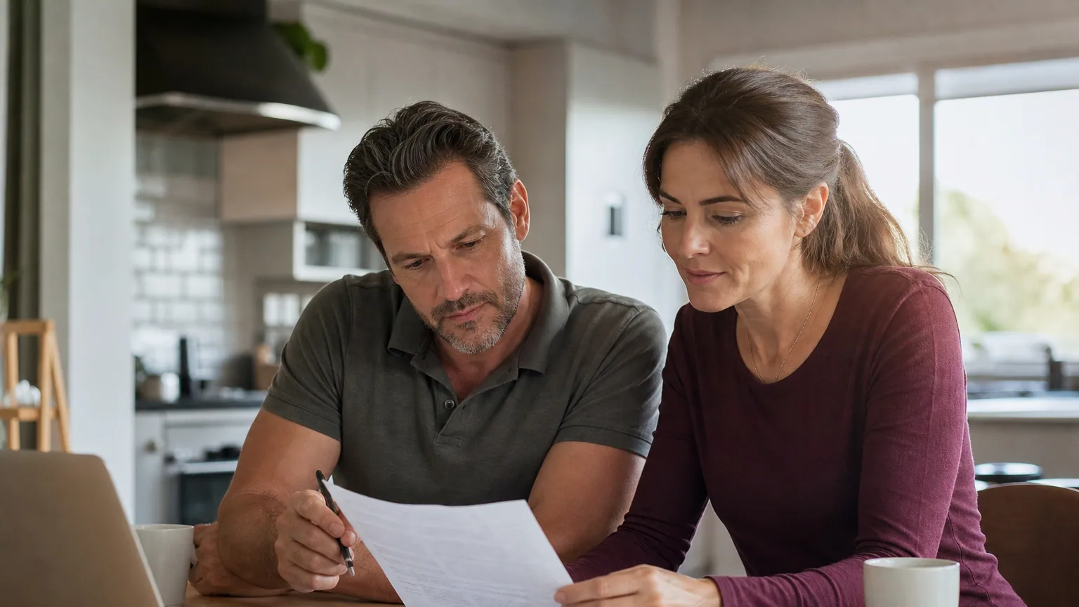 Un couple examine ses documents de crédit et d'épargne à la table de la cuisine avec une calculatrice.