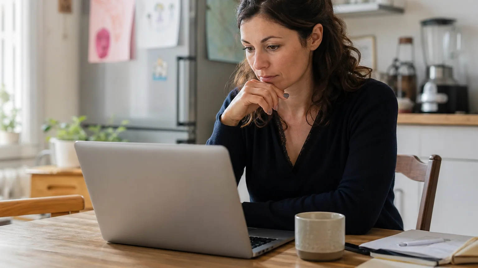 Une salariée en télétravail concentrée devant son ordinateur portable à la table de sa cuisine, lumière naturelle.