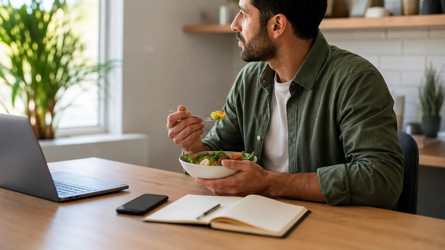 Salarié en télétravail déjeunant à son bureau à domicile, ordinateur ouvert