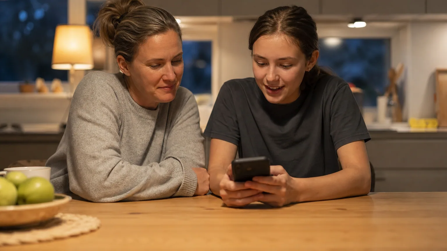Un parent et son adolescent discutent calmement autour d'un smartphone dans la cuisine