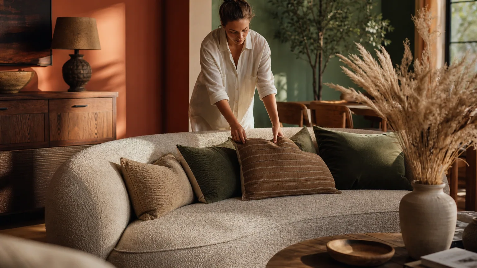 Salon lumineux aux tons terracotta et vert sauge avec mobilier en bois et matières naturelles