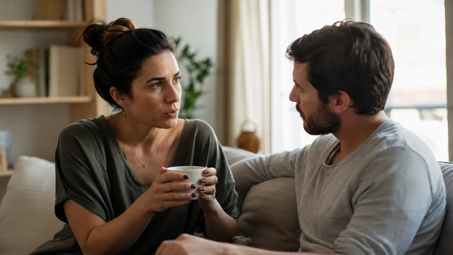 Un couple assis sur un canapé en pleine conversation sérieuse dans une lumière douce
