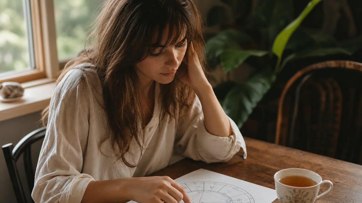 Une jeune femme observe avec curiosité une roue de thème astral imprimée près d'une fenêtre