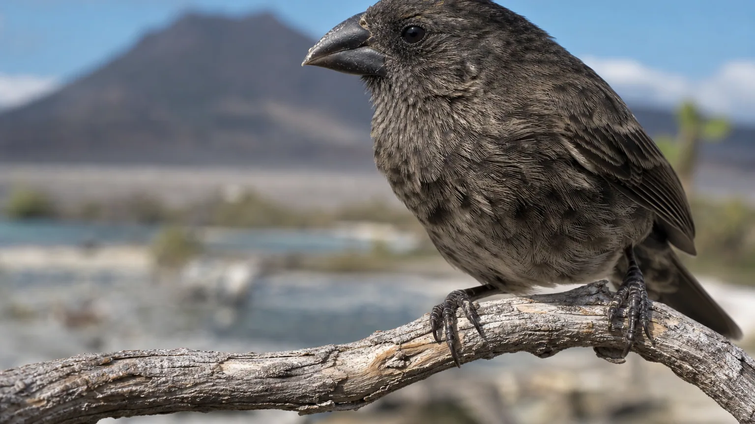 Un pinson des Galápagos posé sur une branche, exemple emblématique de l'évolution