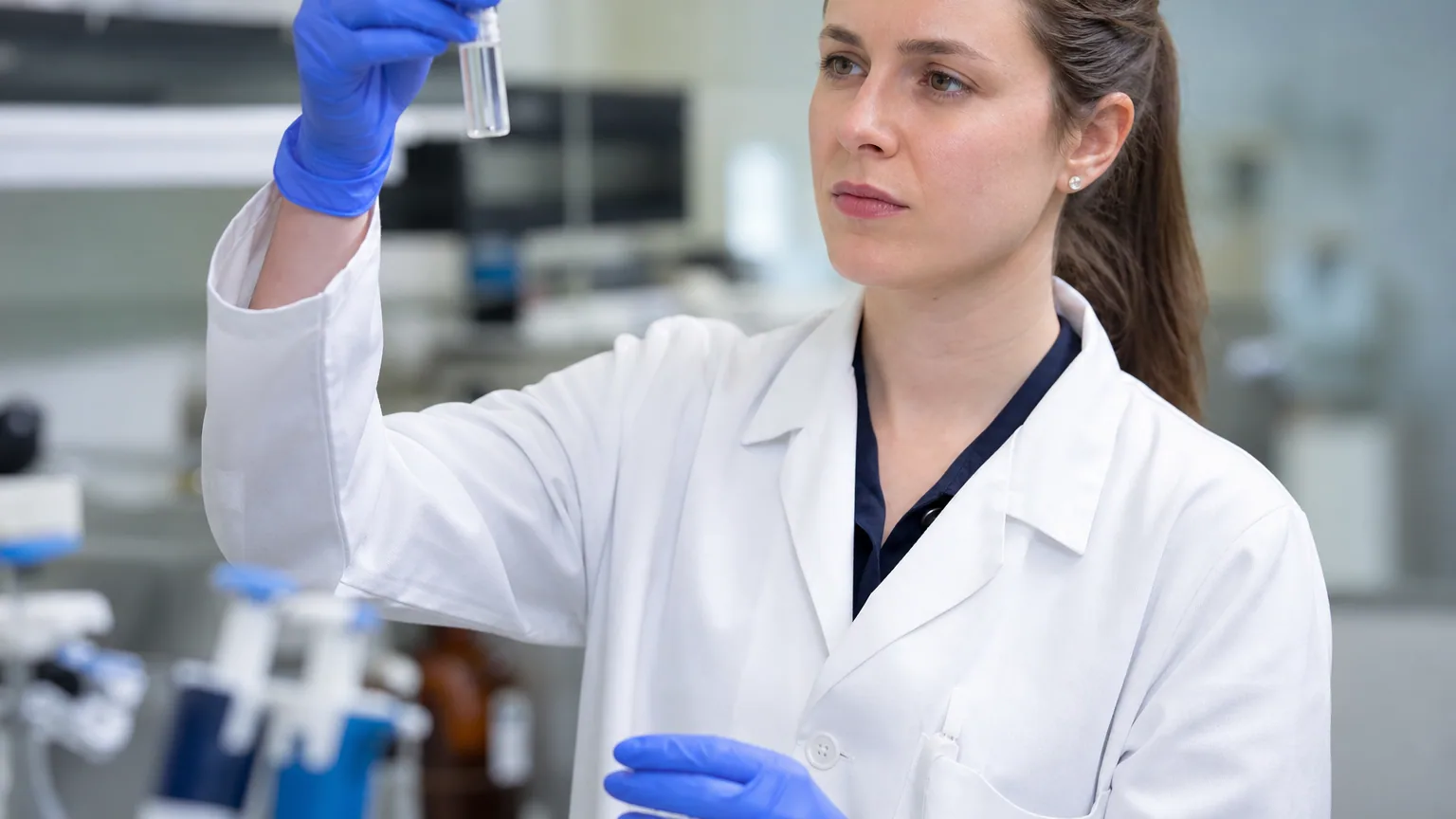 Une chercheuse en blouse blanche examine un flacon dans un laboratoire de biotechnologie