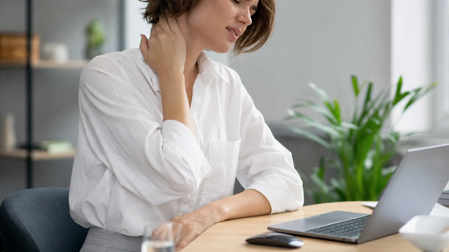Personne se tenant la nuque avec une expression de gêne, à son bureau