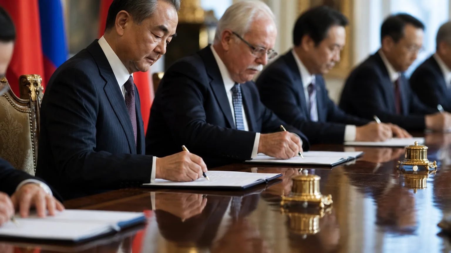 Des diplomates signent un document officiel autour d'une table de négociation dans une salle officielle.