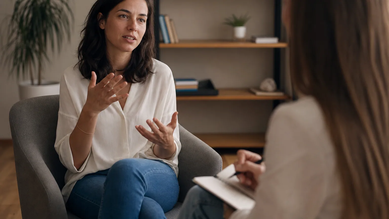 Une patiente en consultation face à une thérapeute attentive dans un cabinet lumineux
