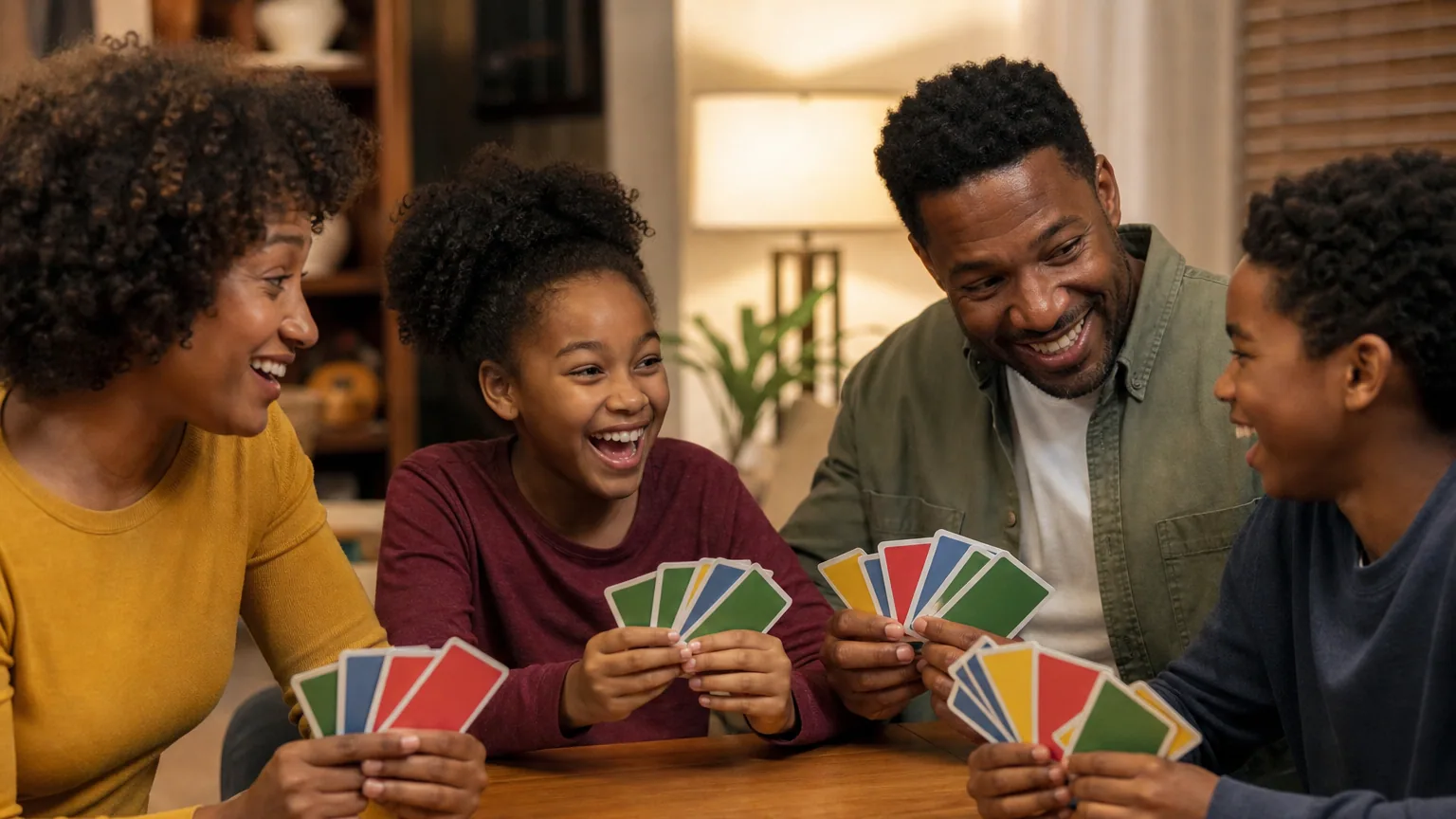 Famille jouant aux cartes autour d'une table de salon, une pile de cartes colorées au centre