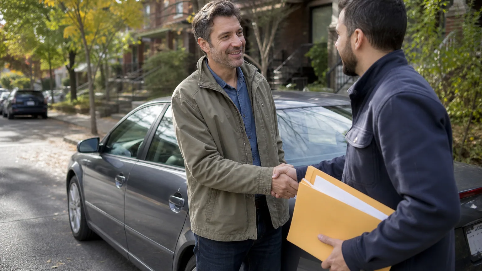 Un vendeur et un acheteur se serrent la main devant une voiture d'occasion après la signature du certificat de cession