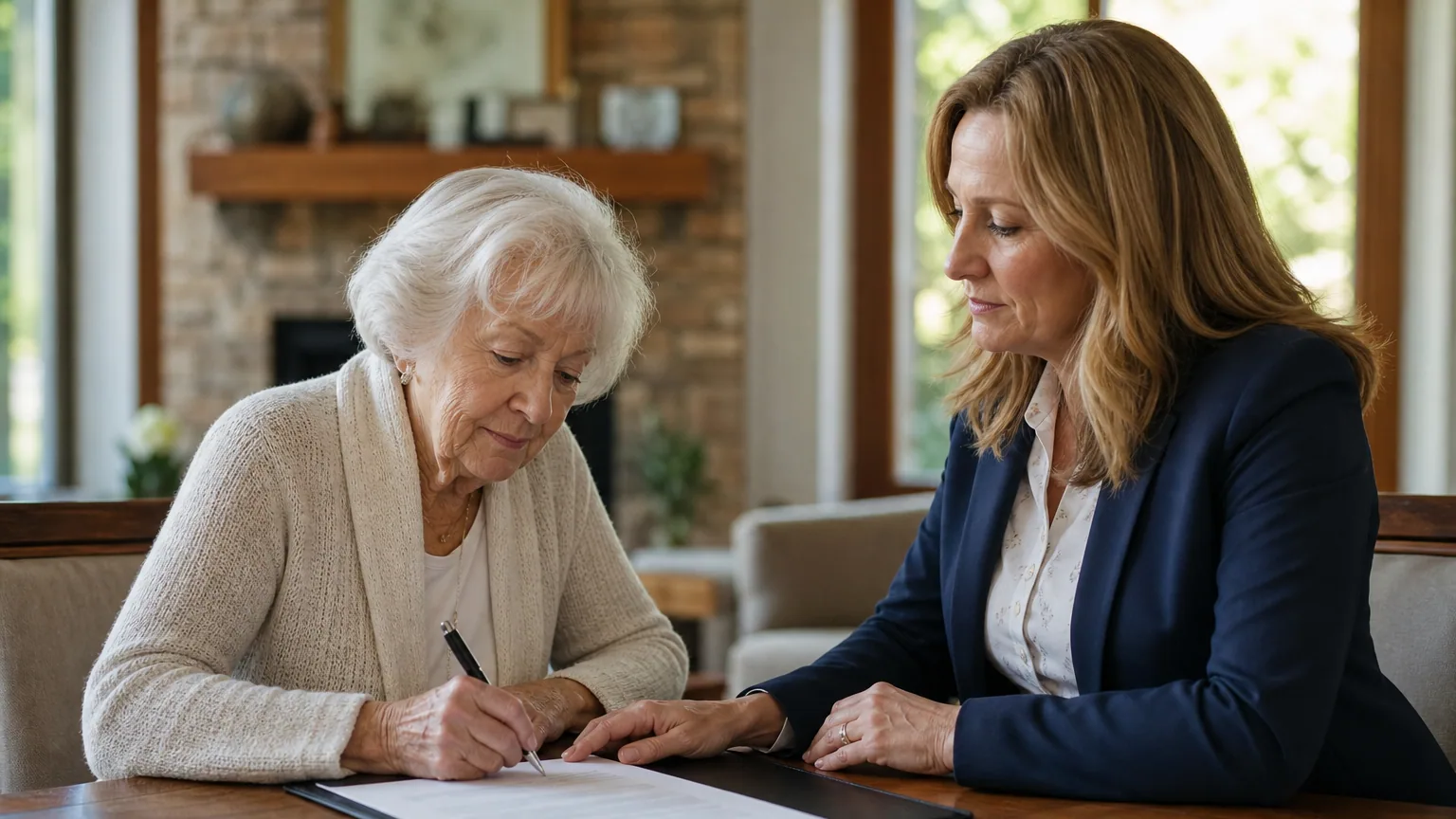 Une personne âgée et un notaire signent un document immobilier à une table