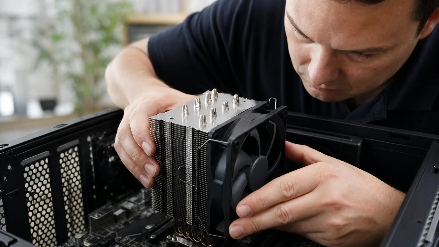 Mains installant un ventirad sur la carte mère d'un PC ouvert