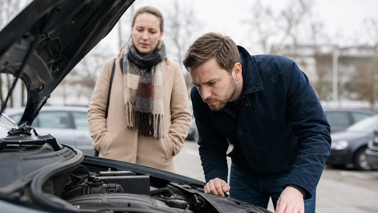 Un acheteur inspecte attentivement le moteur d'une voiture d'occasion sur un parking en plein jour