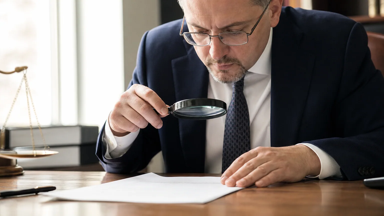 Personne examinant un document juridique avec une loupe sur un bureau en bois