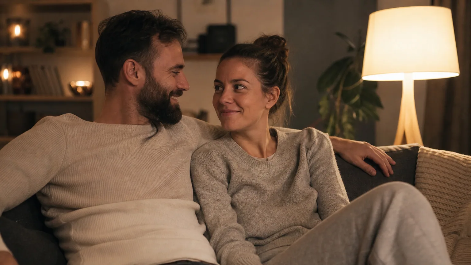 Un couple partage un moment complice sur le canapé un soir, à la maison