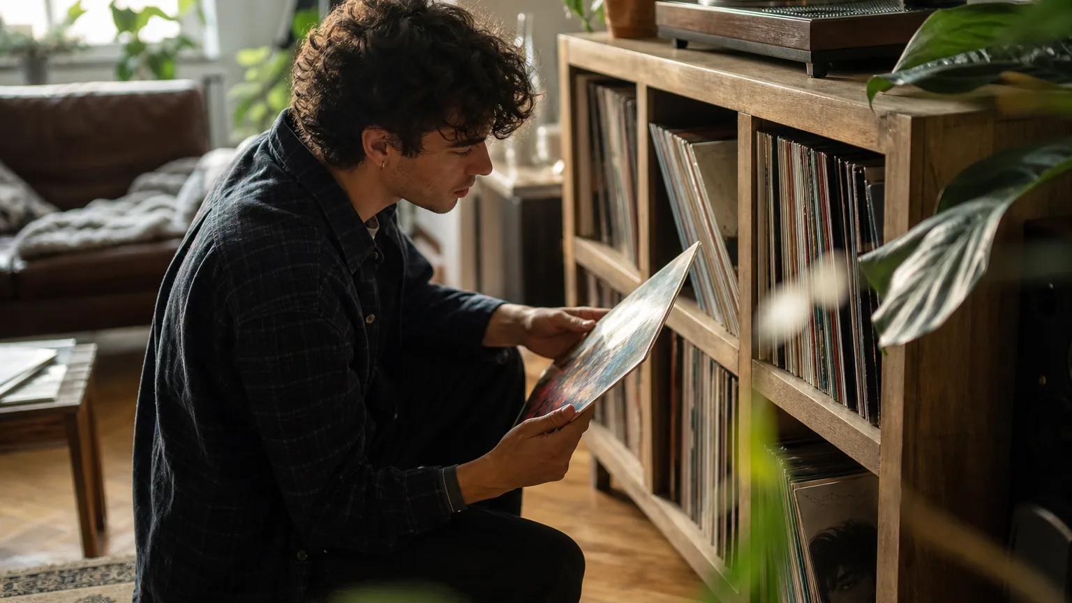 Une personne examine une pochette de vinyle devant une étagère de disques avec une platine en fond